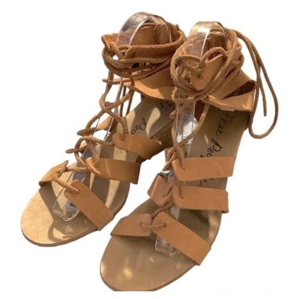 Free people cradle mini wedge strappy gladiator sandal Congac tan leather sz 8.5